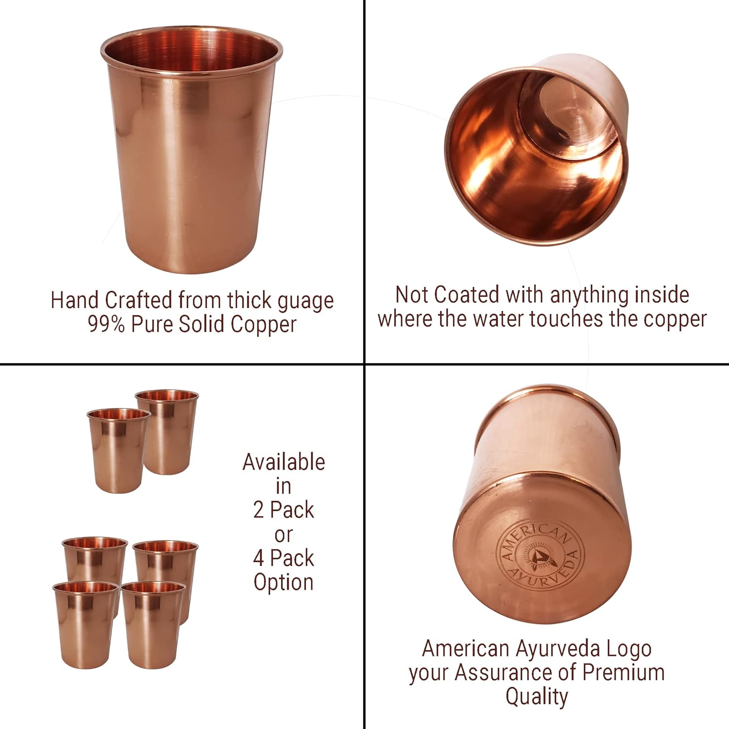 A American Ayurveda Hand Crafted Premium Quality Unlined 99% Pure Copper Cups Glasses Moscow Mule Tumbler Minimalist Design (4 pack of 100% Pure Copper in Plain Finish)