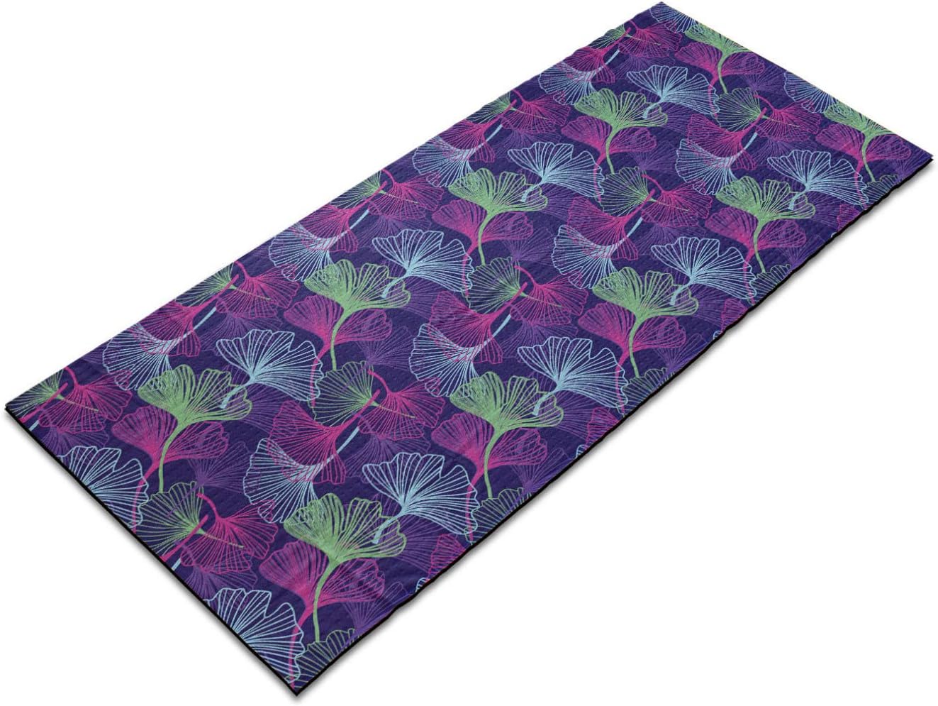Ambesonne Botany Yoga Mat Towel, Tropical Ginkgo Leaves Motif in Digital Colorful Toned Herbs Graphic, Non-Slip Sweat Absorbent Yoga Pilates Workout Pad Cover, 25" x 70", Purple Magenta and Green