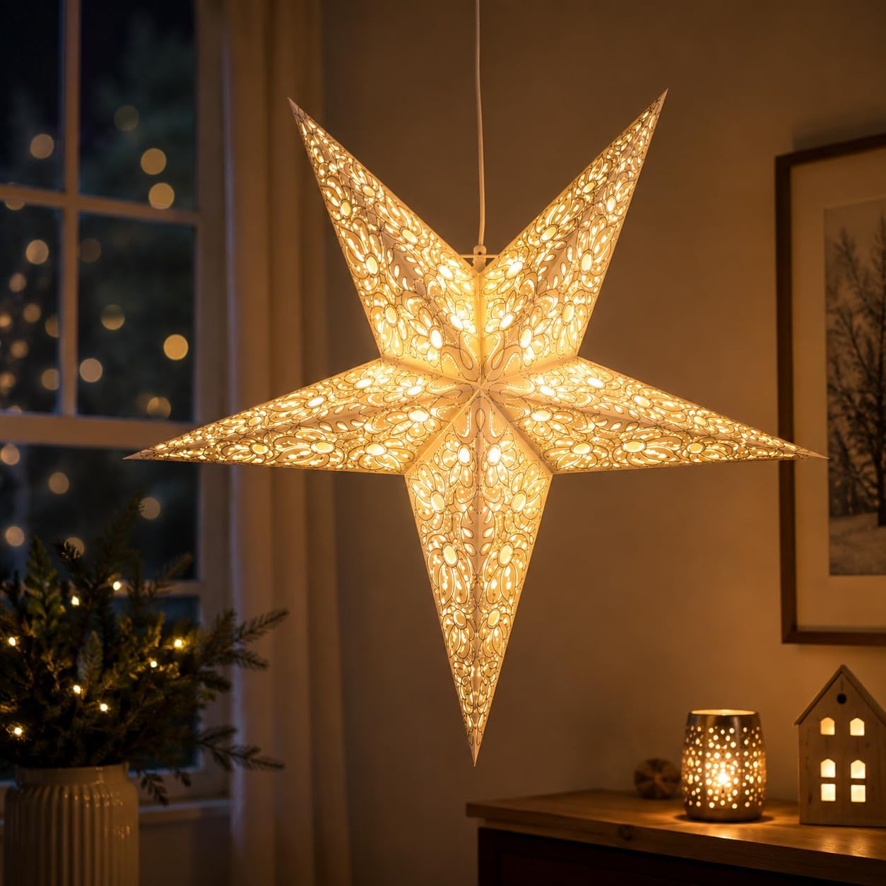 Lantern Lampshade Paper Star Light Shades Large 60cm Hanging Decorations for Christmas Wedding Home Decoration Birthday Party Foldable 5 Pointed Star (White, Grey)