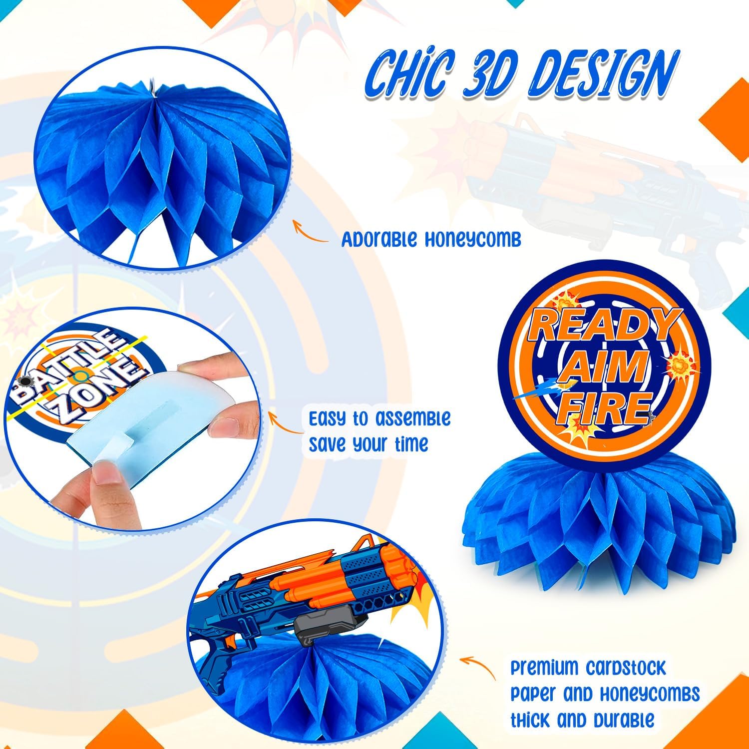 Dart War Gun Party Honeycomb Centerpieces, 9pcs Dart War Centerpiece for Table, Dart War Birthday Honeycomb Centerpieces, Dart Battle Honeycomb Centerpieces for Dart War Birthday Party Decorations