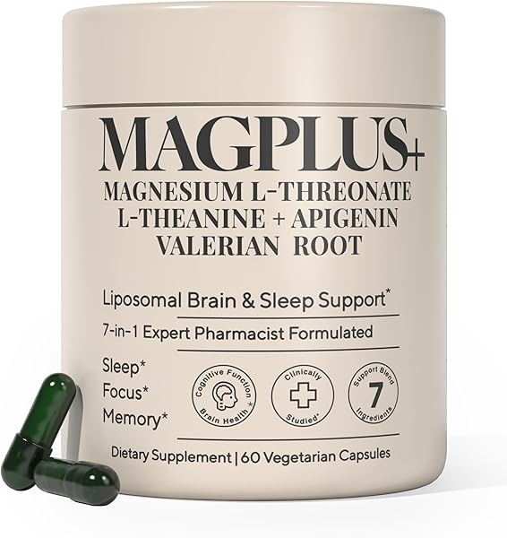 MAGPLUS+ Magnesium L-Threonate w Apigenin & L Theanine | 7-Ingredient Sleep Blend | Brain, Memory, & Sleep Support | Liposomal Magnesium Threonate Supplement (60 Capsules)