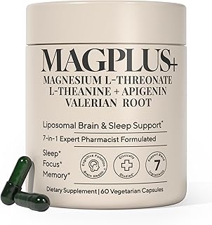 MAGPLUS+ Magnesium L-Threonate w Apigenin & L Theanine | 7-Ingredient Sleep Blend | Brain, Memory, & Sleep Support | Liposomal Magnesium Threonate Supplement (60 Capsules)