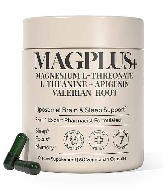 MAGPLUS+ Magnesium L-Threonate w Apigenin & L Theanine, 1500mg 7-Ingredient Sleep Blend - Brain & Memory Support - Liposomal Magnesium Threonate Supplement - Capsules Supports Health, Rest & Mood