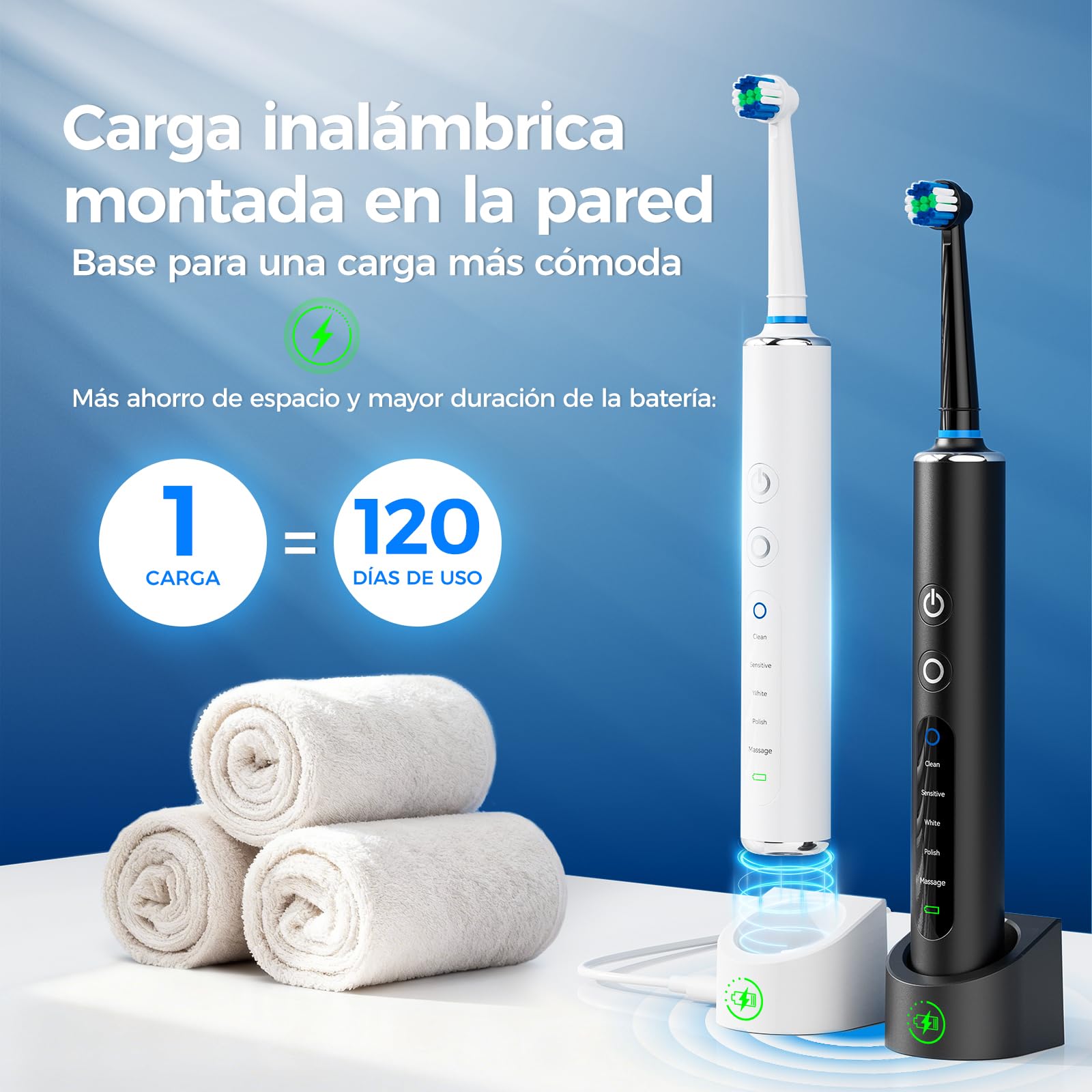 Cepillo de dientes eléctrico rotatorio 2 unidades Negro + Blanco para adultos y niños, 3 intensidades y 5 modos, cepillo dientes electrico con 12 cabezales, 2 estuches de viaje, batería de 120 días