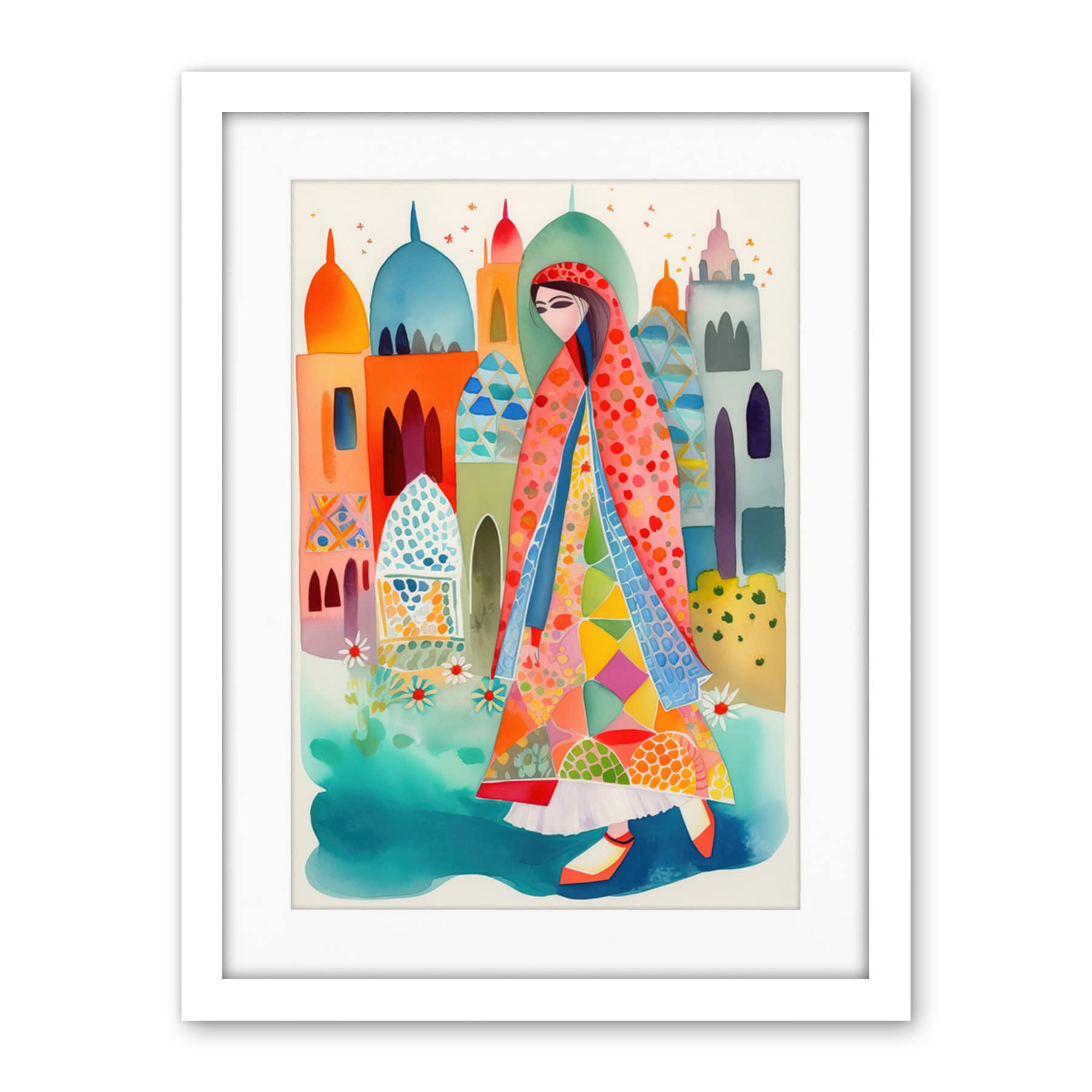 Artery8 Hijab Muslim Woman with Buildings Folk Art Artwork Framed Wall Art Print 18X24 Inch