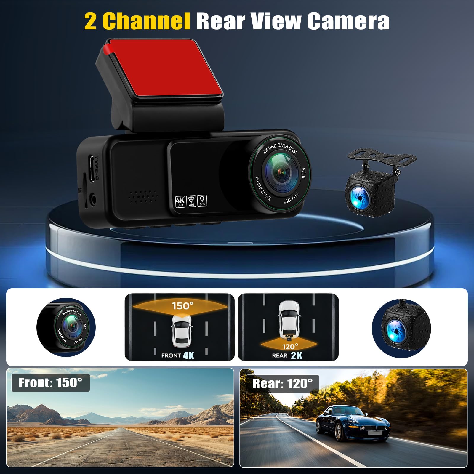 Dashcam 4K Anteriore e posteriore per auto, videocamera per auto 4K+2K FHD, videocamera per auto con GPS, ADAS, APP, Grandangolo 150°, visione notturna, sensore G, registrazione in loop