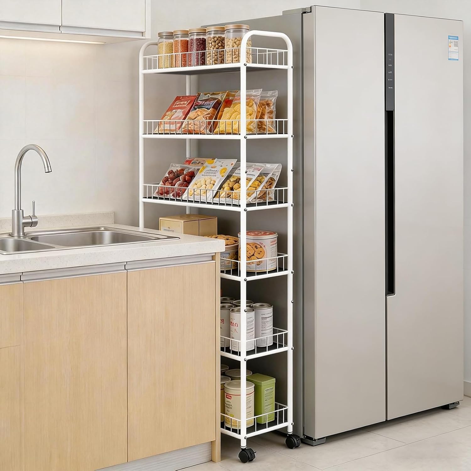 10in Slim Storage Cart, 6-Tier Narrow Rolling Shelf，Sturdy Slim Storage Ideal for Kitchen, Bathroom, and Laundry Room, Black (10in White)
