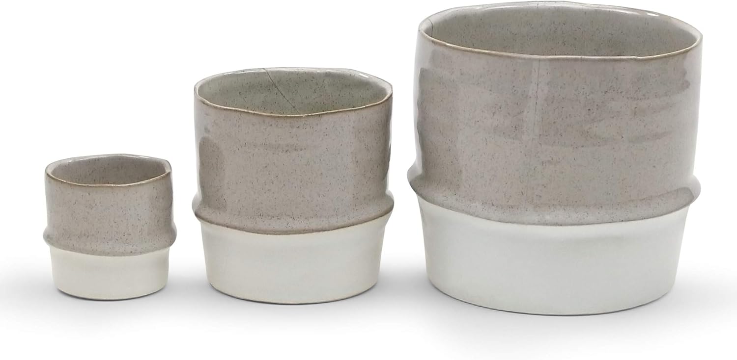 WGV Ceramic Vase, Width 6.9", Height 6.3", Two Tone Speckled Pot, Rough White with Shiny Pale Stone Planter Cylinder for Wedding Event Office Home Decor, 1 Piece