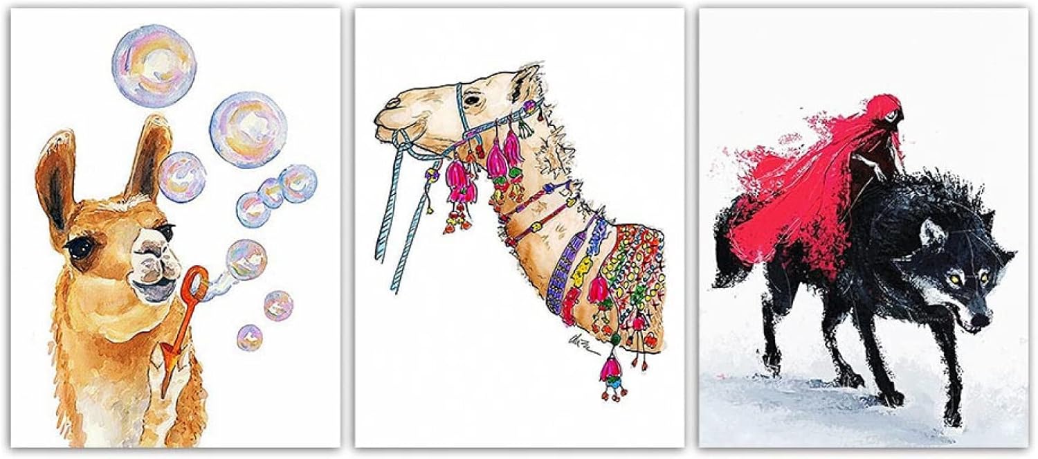 Amazon Co Jp ラクダの動物とオオカミの女の子の才能の絵 フレームレストリプティクウォールステッカートリプティクウォールアートウォールペインティングデコレーション写真ウォールアート写真リビングルームバスルームオフィ ホーム キッチン