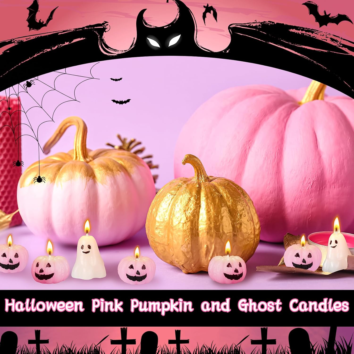 Nuanchu 12 Pcs Halloween Ghost Pumpkin Candles Scented Spooky Decor, Pink