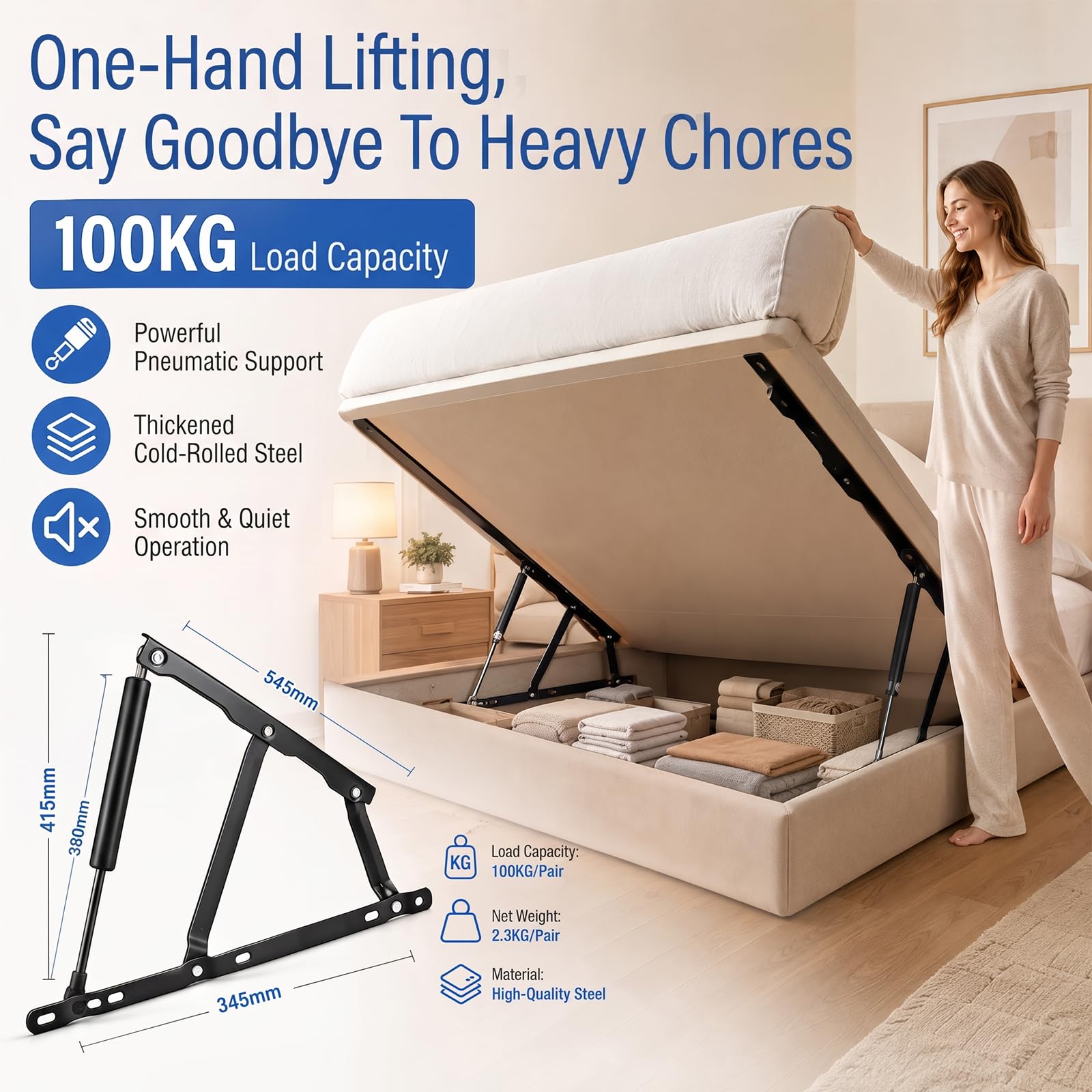2 Stück Gasdruckfeder 900N/90kg, Gasdruckdämpfer Bettkasten Hebemechanismus, Schwerlast Hebescharniere für Bett mit Stauraum, Klappmechanismus Lift Up Feder, Stahl Möbelbeschlag für Sofa & DIY