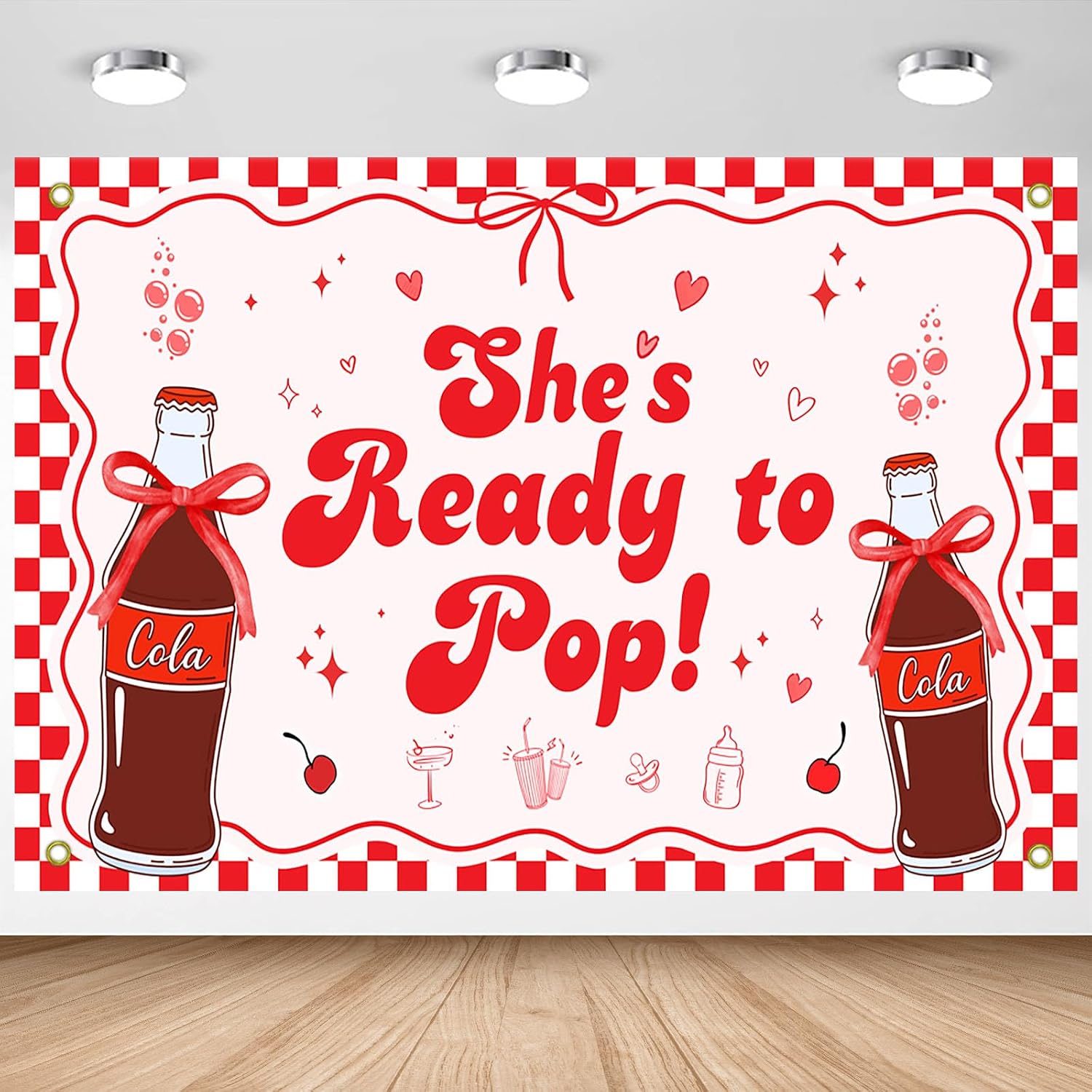 Avezano She's Ready to Pop Banner Red Coquette Soda Theme Gender Reveal Party Decorations Retro Soda Fountain Baby Shower Backdrop Girl Baby Shower Newborn Party Photo Props (7 x 5 ft)