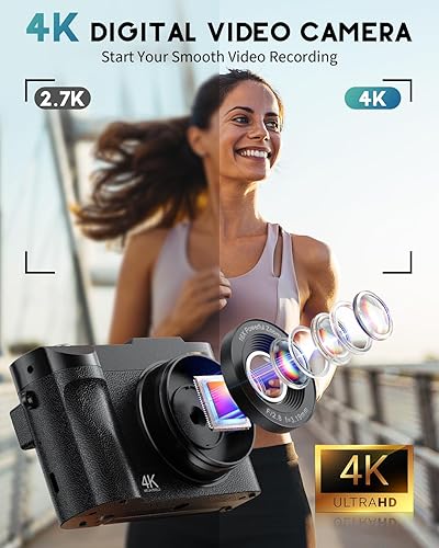 Vista 2 de Cámara digital 4K para fotografía, cámara de vlogging de 50MP para YouTube, cámaras compactas con pantalla abatible de 180° de 2.8", zoom digital