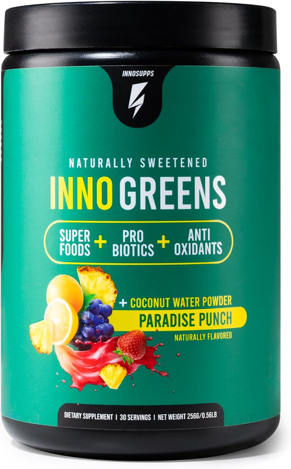 Inno Greens | 28+ Organic Greens & Superfoods | Advanced Prebiotics + Probiotics | Super Antioxidant + Hydration | Spirulina, Chlorella, Ashwagandha | Natural, Non-GMO | 30 Servings (Paradise Punch)