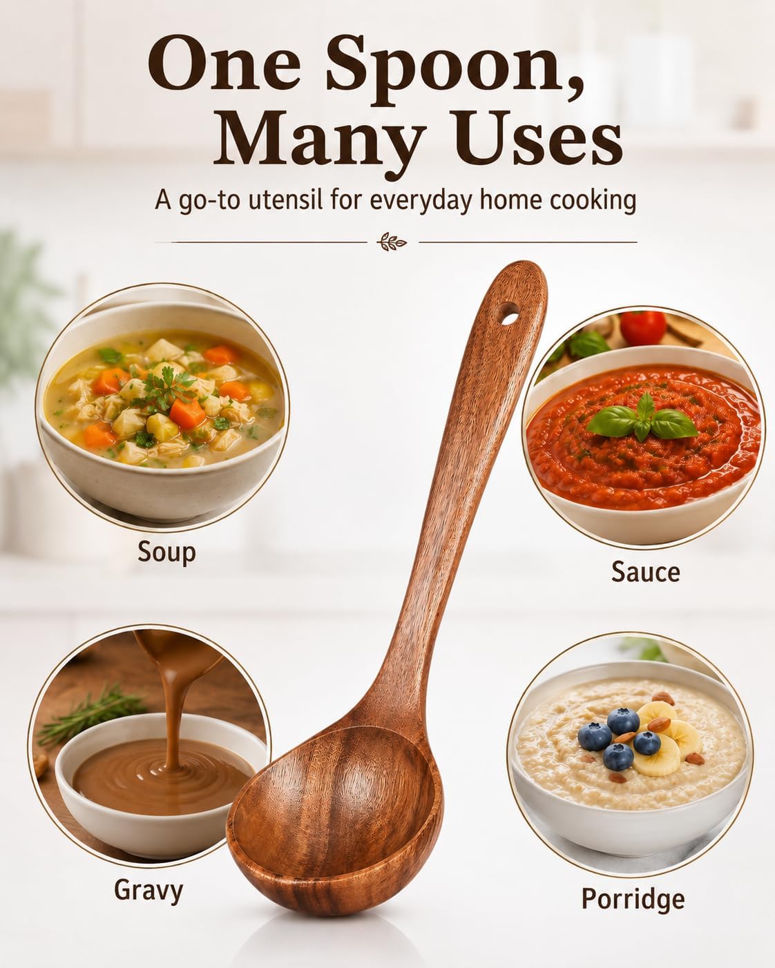 Wooden Soup Spoon, Natural Teak Wood Soup Ladle with Long Handle, Deep Scooper Serving Spoon for Soup, Gravy, Sauce, Porridge & Stew, No-Scratch Cooking Utensil for Nonstick Cookware, 10.6"