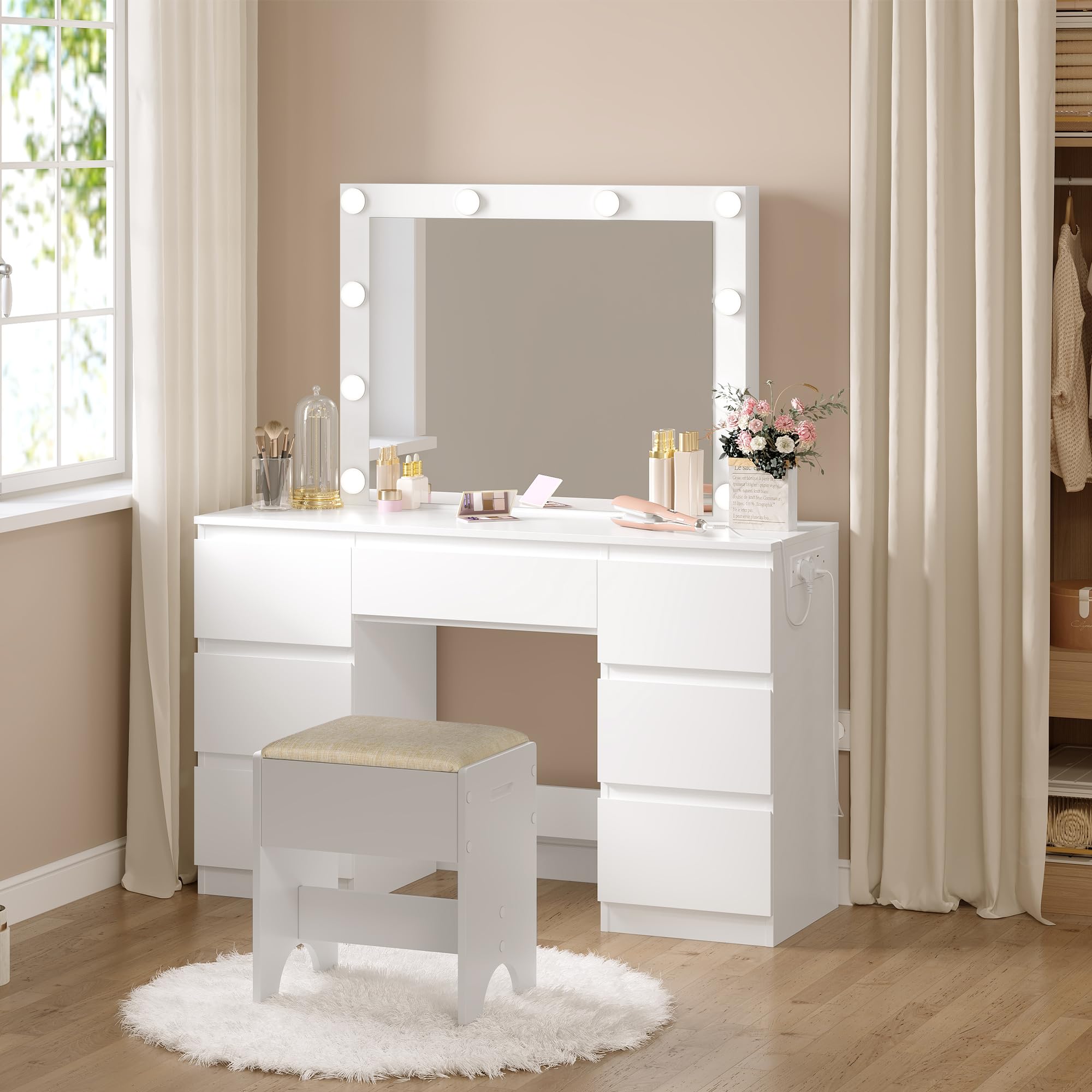 WOLTU Toeletta da Trucco con Specchio LED Regolabile, Sedia da Make Up, Seduta Imbottita, Tavolo da Trucco Moderno con Cassetti e 2 Prese, 1 USB-A e 1 USB-C, Cavo di 1,5 m, Bianco