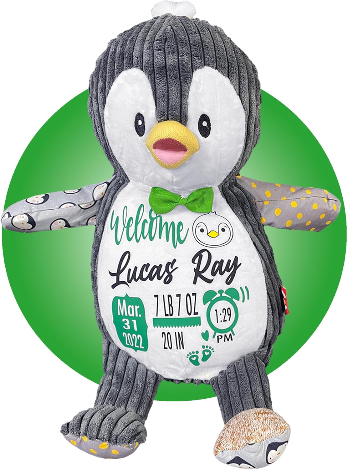 Personalized Baby Stats Penguin Plushie - Birth Announcement Stuffed Animals - Personalized Baby Keepsake Birth Information Plush Wrapping - Removable Cover