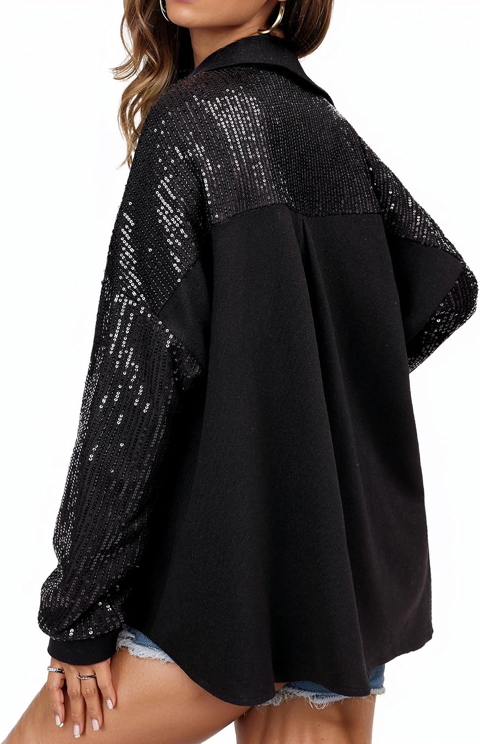 Ezcosplay Women Button Down Shirt Sparkly Sequin Shacket Long Sleeve Glitter Casual Outerwear Tops