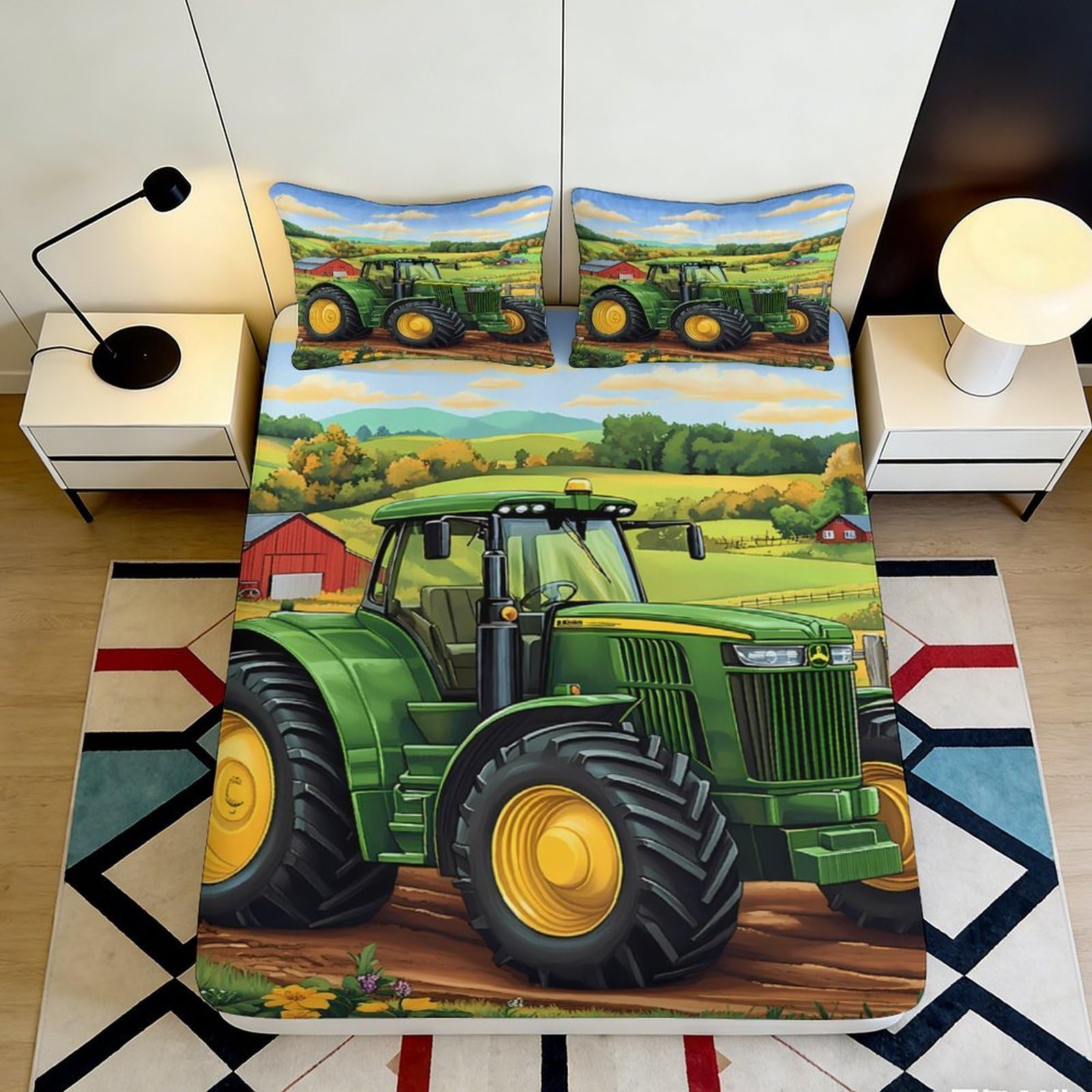 3D Printed Green Tractor Fitted Sheet Microfiber Anti-Slip Farm Landscape Mattress Cover Machine Washable for Bedroom Dorm 180x200x25cm