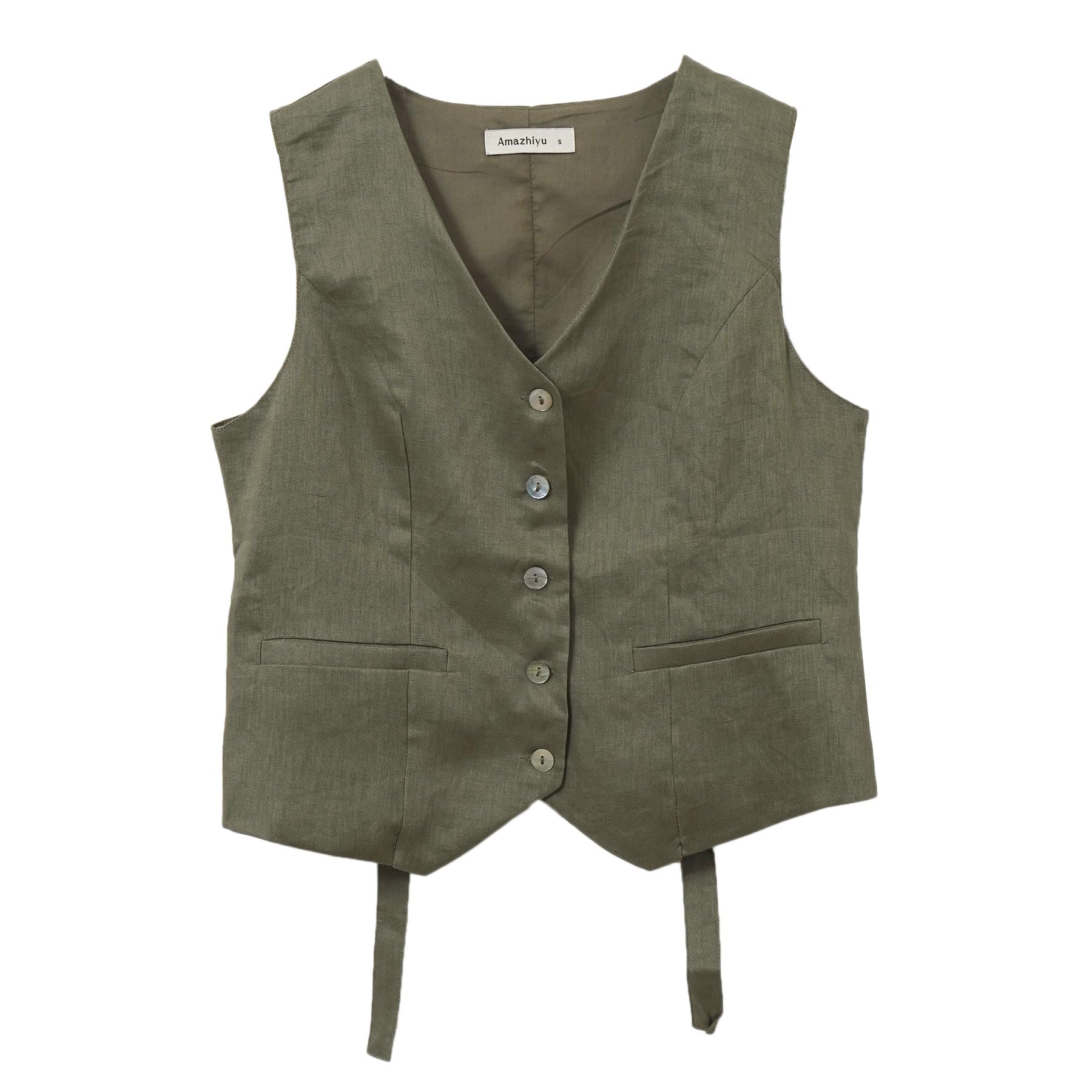 Amazhiyu Gilet da donna, in lino, senza maniche, con scollo a V, corto, abbottonatura, vestibilità stretta, allacciatura sulla schiena