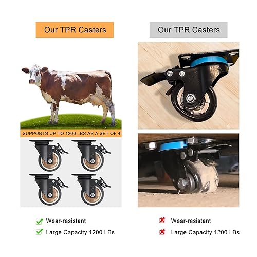 Miniatura 5 de Juego de 4 ruedas giratorias industriales de 4 pulgadas, ruedas giratorias industriales resistentes con doble freno sin ruido, ruedas de placa de