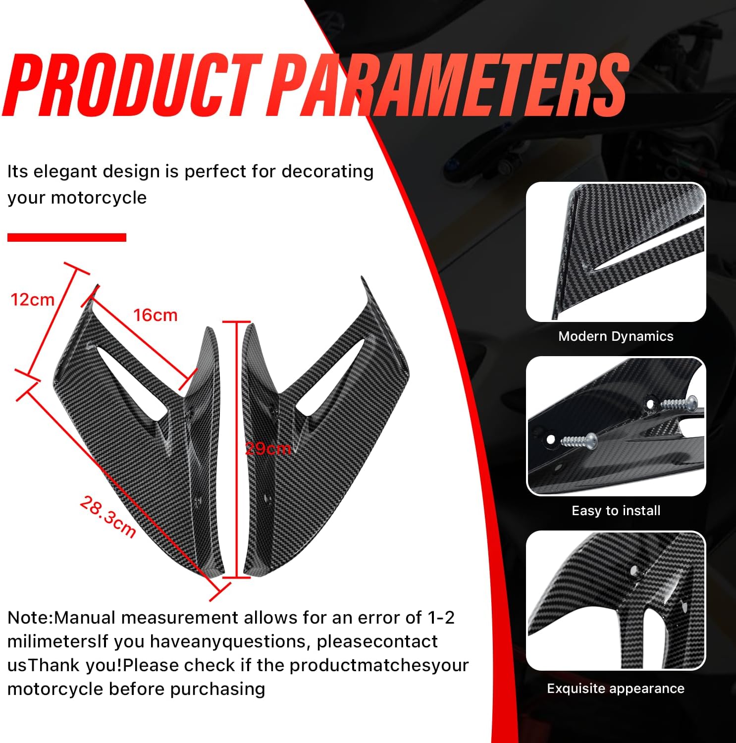 Black Fairings for BMW S1000RR - Air deflectors for Road Glide with BMW Wing, Spoiler Wings Motorcycle Accessories for BMW S1000RR 2015-2018 (Carbon Paint)