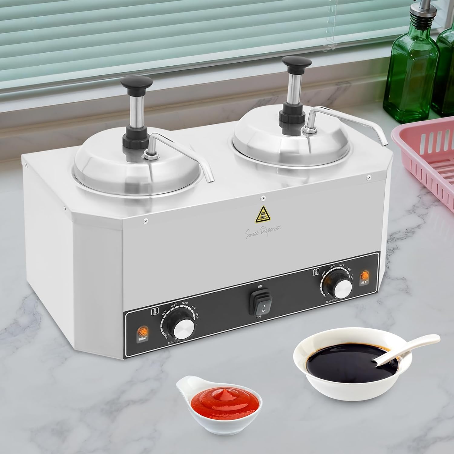 Double Heads Cheese and Chili Warmer with Pump 2L/2.1QTx2 Double Chocolate Warmer 800W Commercial Electric Sauce Warmer 86-185°F Adjustable for Cheese Hot Fudge Caramel Butter