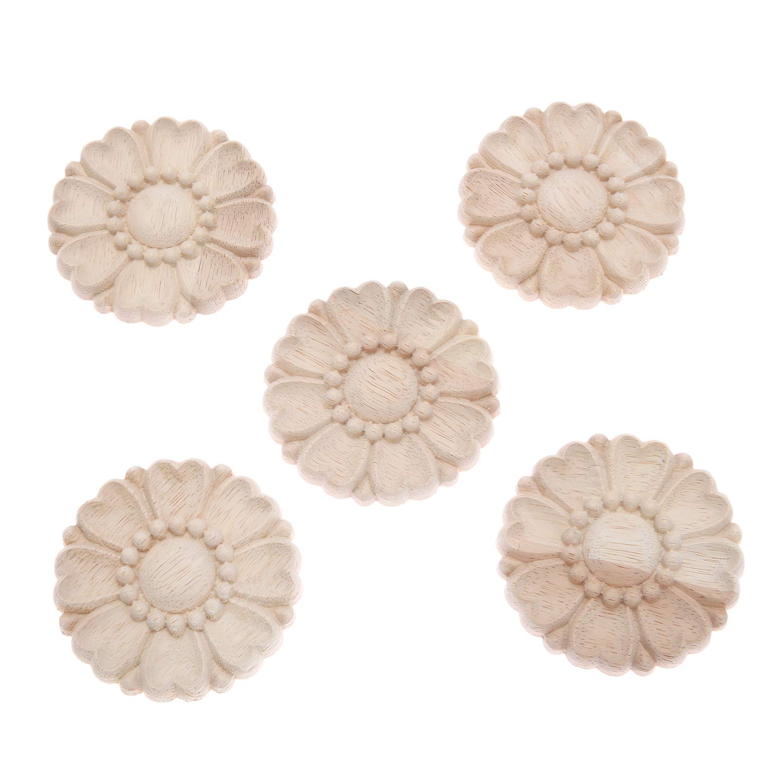 MUXSAM Wood Carved Applique Retro 5Pcs Unpainted Round Furniture Crafts Decor Wooden Diy Vintage Home 8cm - Image 2