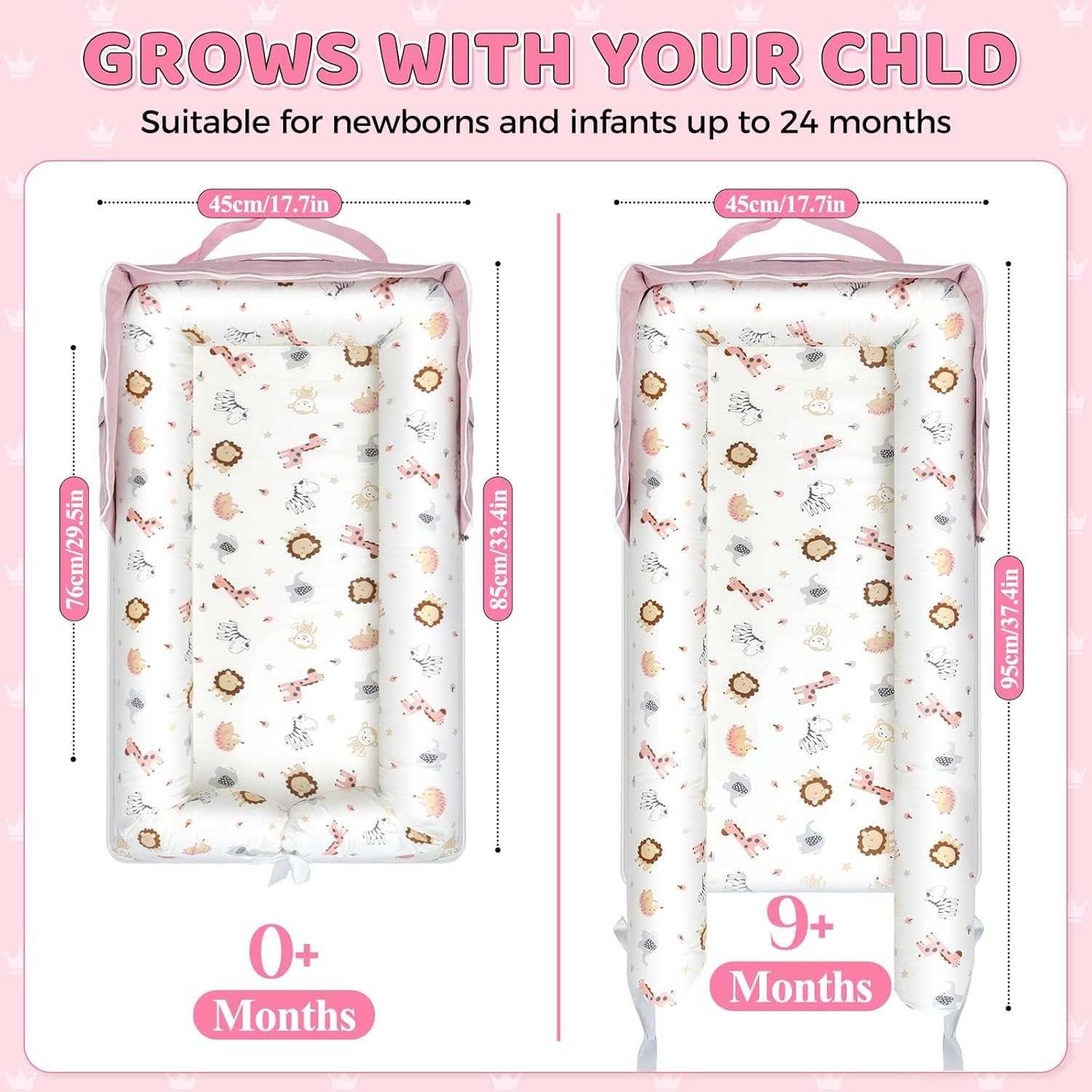 Baby Lounger for Newborn 0-24 Months, Portable Infant Lounger with Soft Breathable Cotton, Adjustable Size Lengthen Space Lightweight & Washable Essentials for Home (2. Pink Animal World)