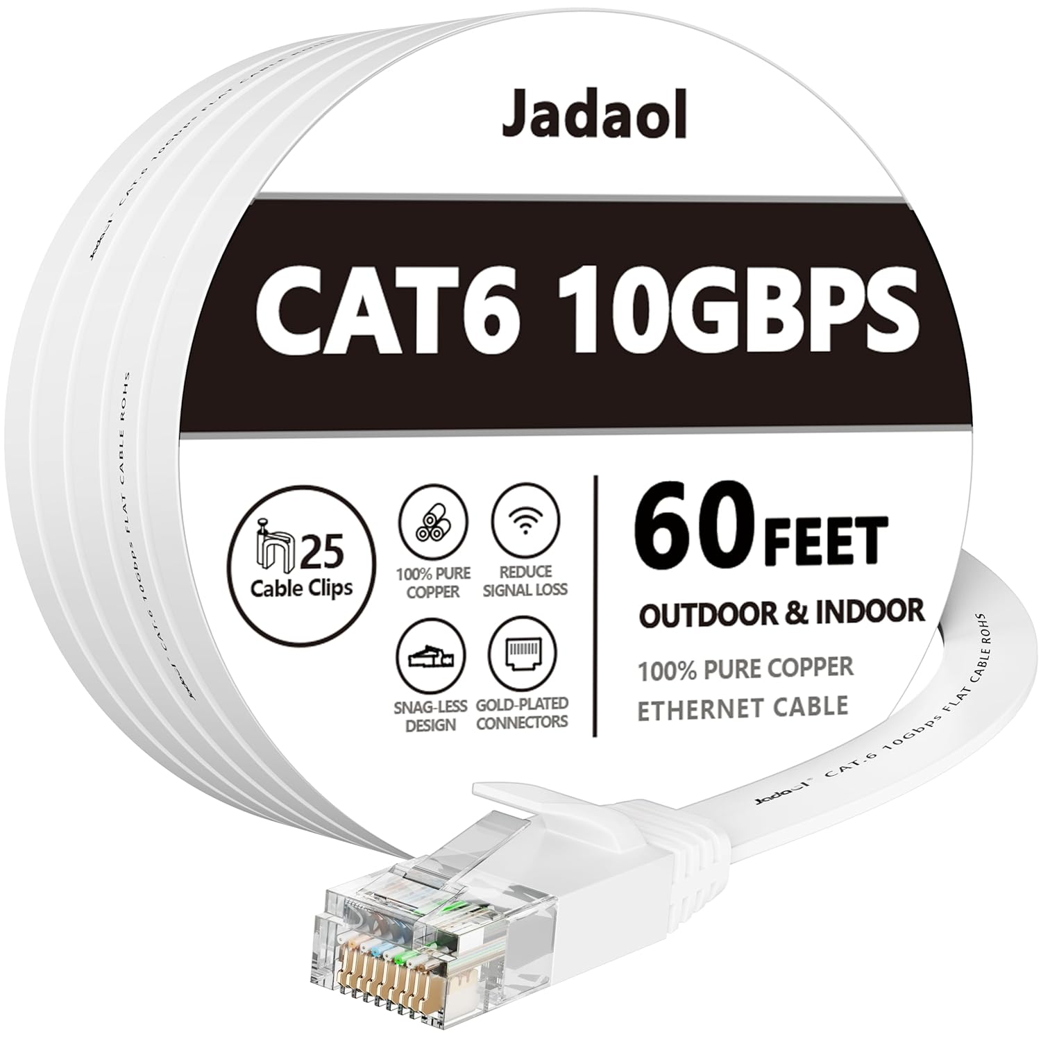 Cat 6 Ethernet Cable 60 ft, Outdoor&Indoor, 10Gbps Support Cat8 Cat7 Network, Slim Long Flat Internet LAN Patch Cord, Cat6 High Speed Weatherproof Cable for Router, Modem, PS4/5, Xbox, Gaming, White