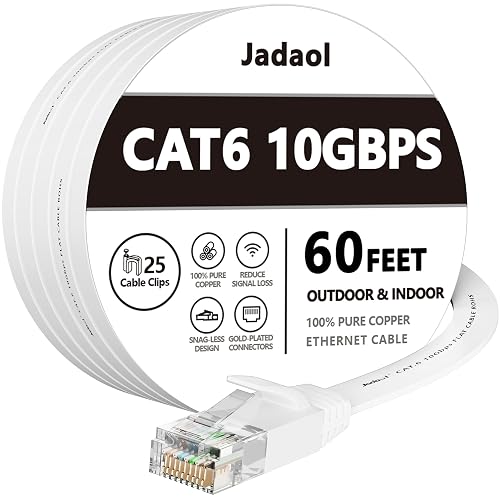 Cat 6 Ethernet Cable 60 ft, Outdoor&Indoor, 10Gbps Support Cat8 Cat7 Network, Slim Long Flat Internet LAN Patch Cord, Cat6 Fast Speed Weatherproof Cable for Router, Modem, PS4/5, Xbox, Gaming, White - 60ft - Flat - White