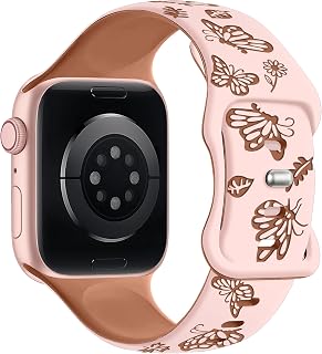 Melyis Butterfly Floral Engraved Band Compatible with Apple Watch Bands for Women 42mm 41mm 40mm 38mm, Cute Silicone Sport iWatch Bands for Apple Watch Series 11 10 9 SE 8 7 6 5 4 3 2 1-Pink