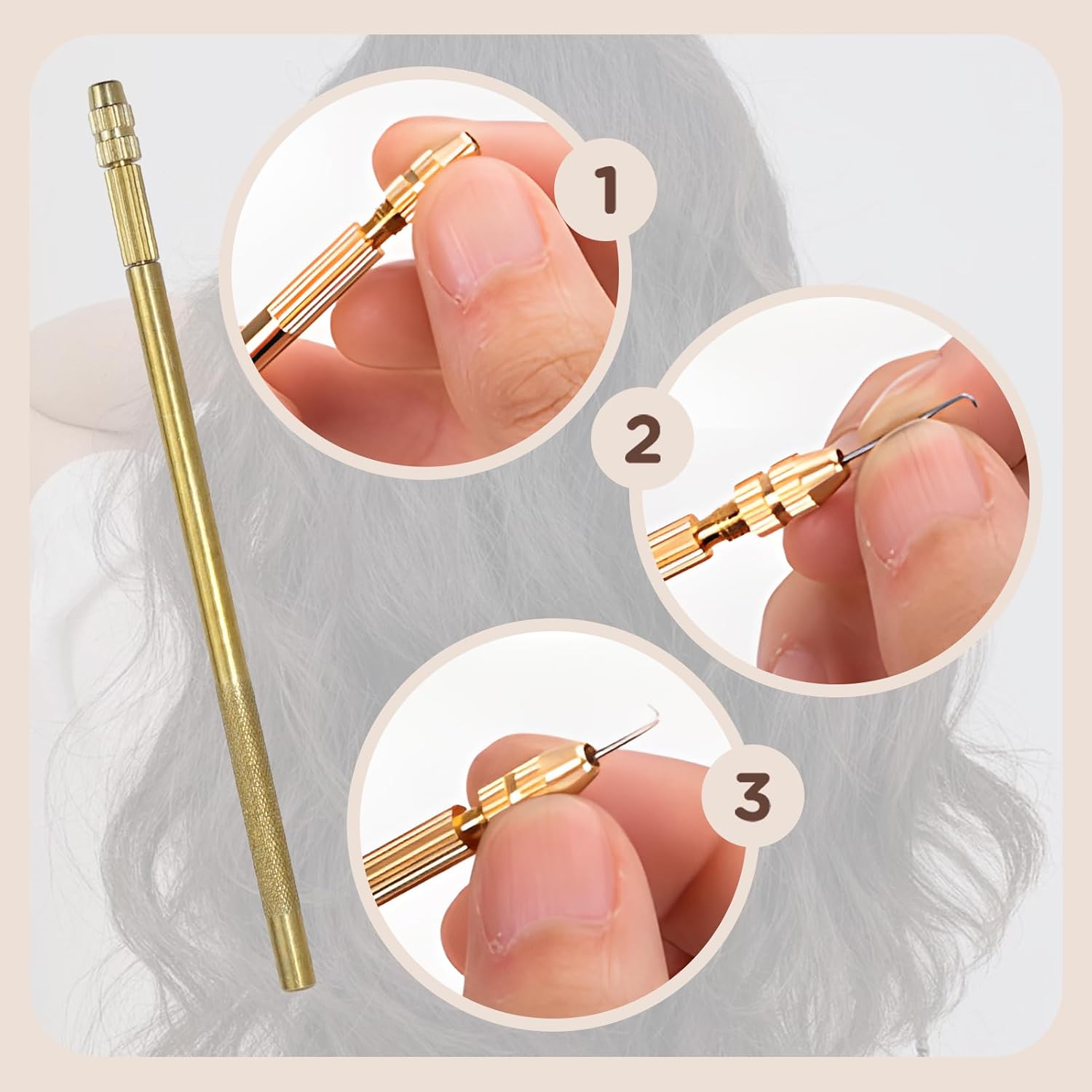 Brass Ventilating Needle Holder, Rerooting Tool for Lace Wig Making Repair and Doll Hair Craft, Complete Ventilation Set for Stylists Crafters Beginners 1 Holder 5 Needles
