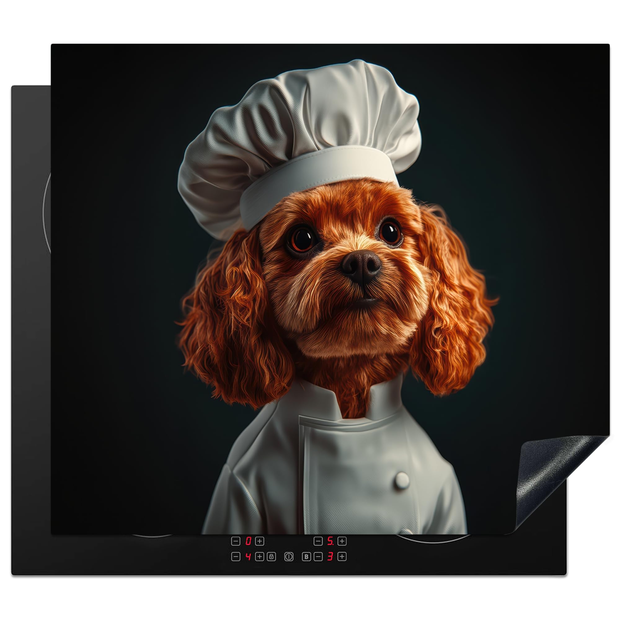 KitchenYeah© Induction Hob Cover Protector Mat 20.2"x22.9" / 58.3x51.3 cm Kitchen Universal Ceramic Covers for Electric Cookers Vinyl Brown - Chefs Hat - Dog