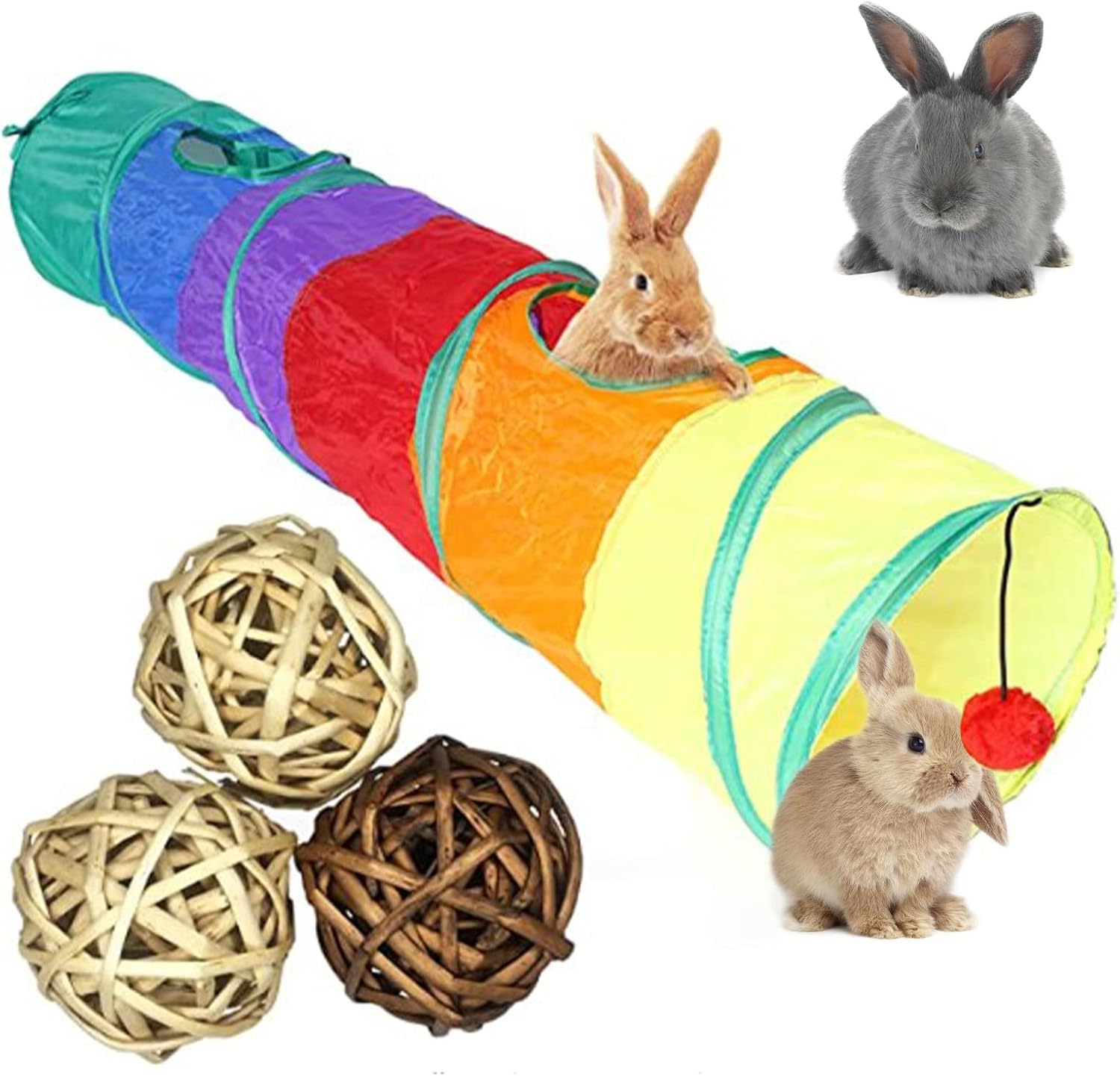 Bunny Hideout, Rabbit Tunnels and Tubes, 3 Pack of Grass Balls - Collapsible Hideaway Small Animal Activity Tunnel Toys for Chinchillas…