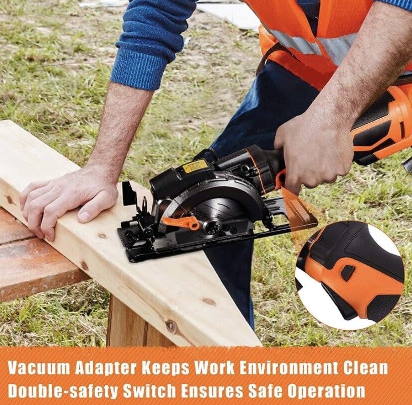 Mini circular saw showing the double safety switch and dust port