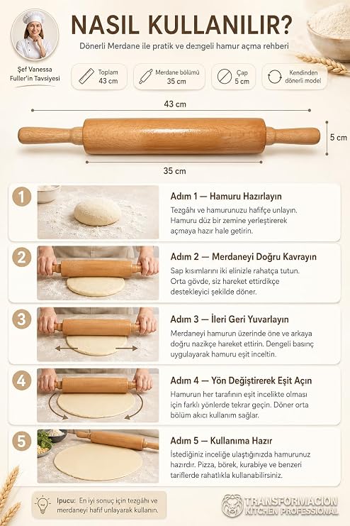 Transformacion Professional Dönerli Ahşap Merdane 43 cm, Ergonomik Şef Tipi Hamur Açma, Profesyonel Pizza, Börek ve Pasta Merdanesi 721902