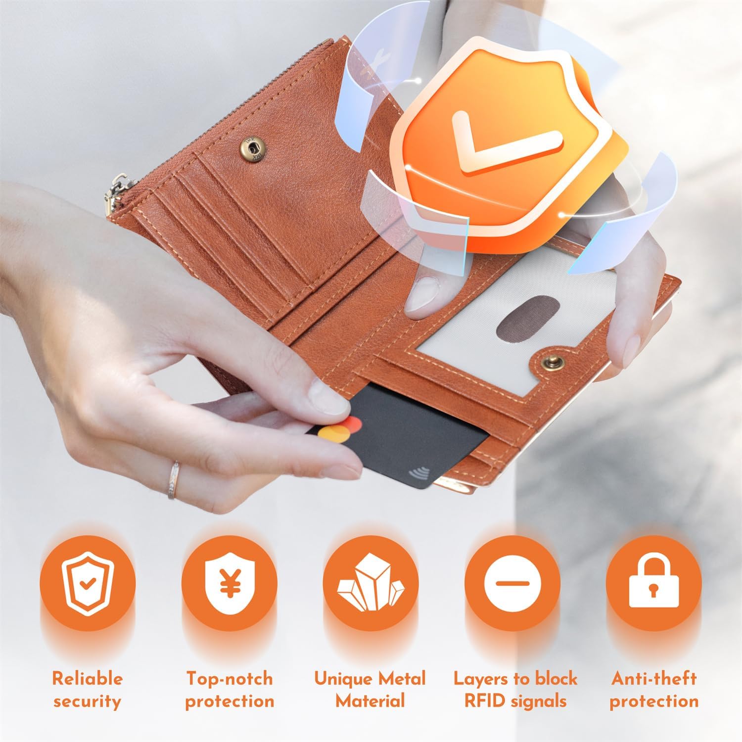 Small Wallet Women RFID Blocking Soft Leather Bifold Compact Card Holder Wallet for Women with Zipper Coin Pocket Beige Brown - Image 5