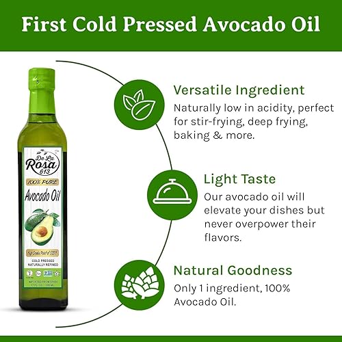 Miniatura 4 de De La Rosa Aceite de aguacate 100% puro, Kosher para Pascua, vegano, sin OMG y sin gluten, ideal para cocinar con alto punto de humo, primer aceite