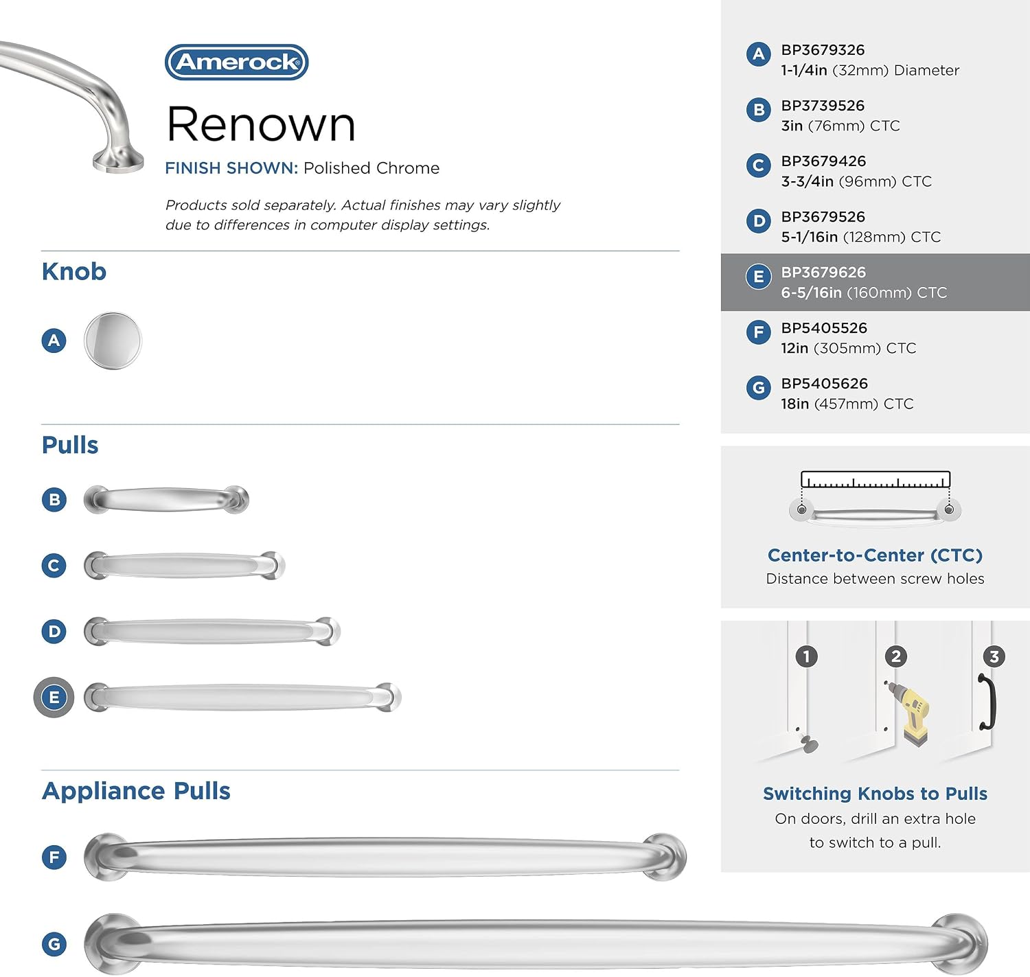 Amerock | Cabinet Pull | Polished Chrome | 6-5/16 inch (160 mm) Center to Center | Renown | 1 Pack | Drawer Pull | Cabinet Handle | Cabinet Hardware