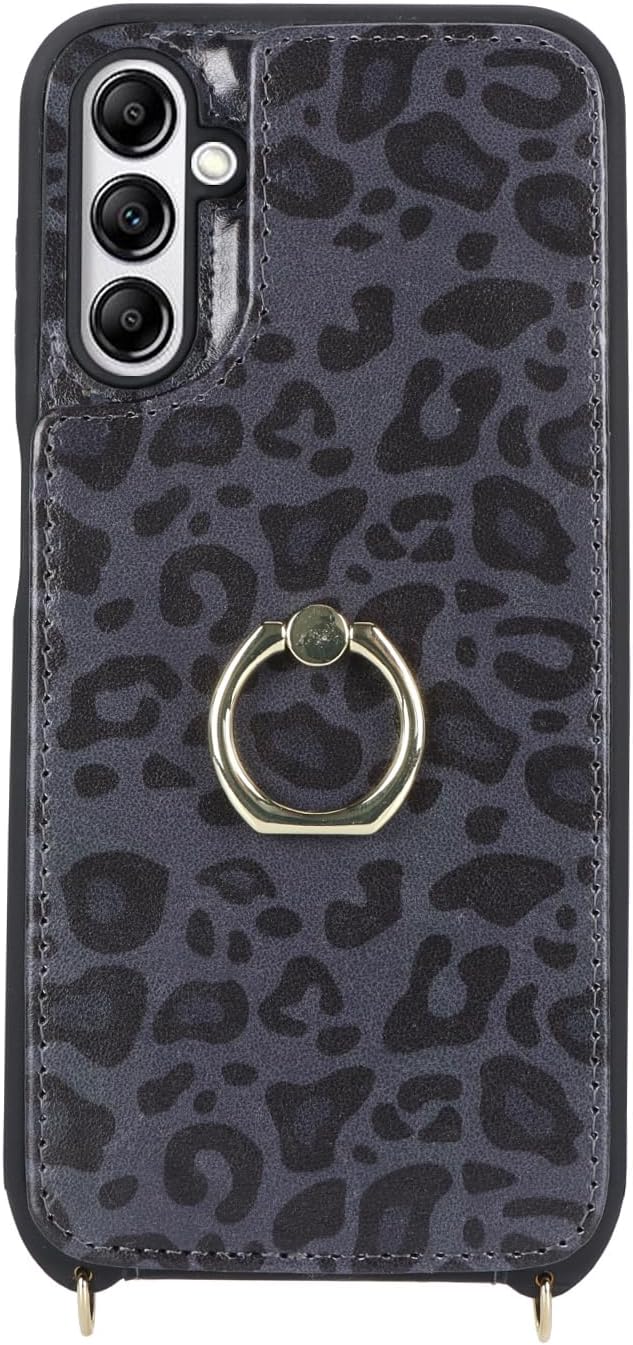 Lipvina for Samsung Galaxy A14 5G Case with Card Holder and Strap for Women,Crossbody Lanyard,RFID Blocking,Ring Stand,Snap Clasp,Cute Phone Wallet Cases 6.6 inch(Black Leopard)