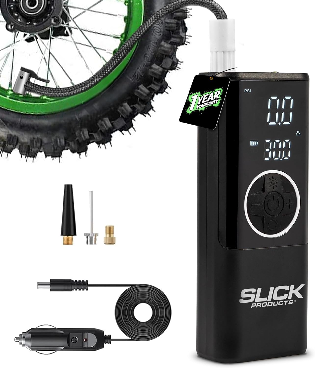 Slick Products Portable Digital Air Pump Tire Inflator – Cordless Rechargeable 150 PSI Pump with LED Flashlight, Power Bank, Presta Valve Adapter, Ball Needle, Power Cord and USB Cable