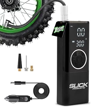 Slick Products Portable Digital Air Pump Tire Inflator Cordless Rechargeable 150 PSI Pump with LED Flashlight, Power Bank, Presta Valve Adapter, Ball Needle, Power Cord and USB Cable