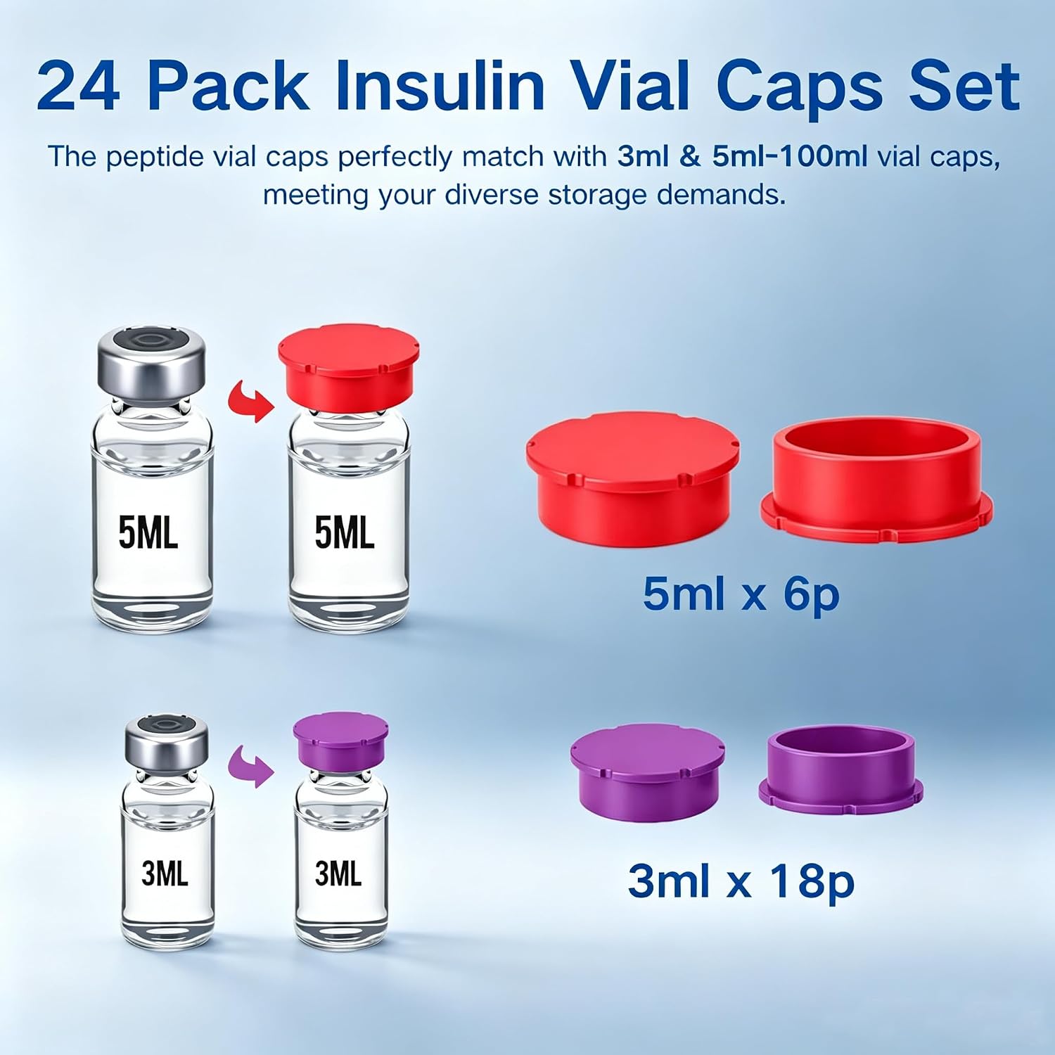24 Pack Vial Caps, Peptide Caps for 3ml 5ml, Reusable Peptide Vial Caps Leak and Dust Proof, 6 Colors for Organization Classification