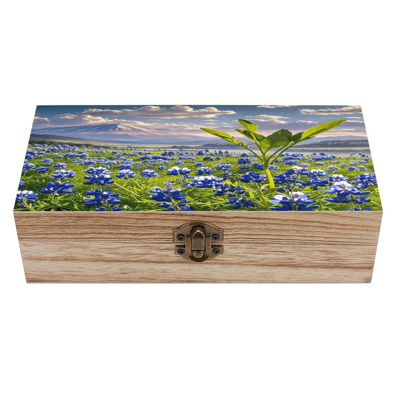 asbwuo Bluebonnets Scenery Wood Keepsake Box Wooden Box with Hinged Lid
