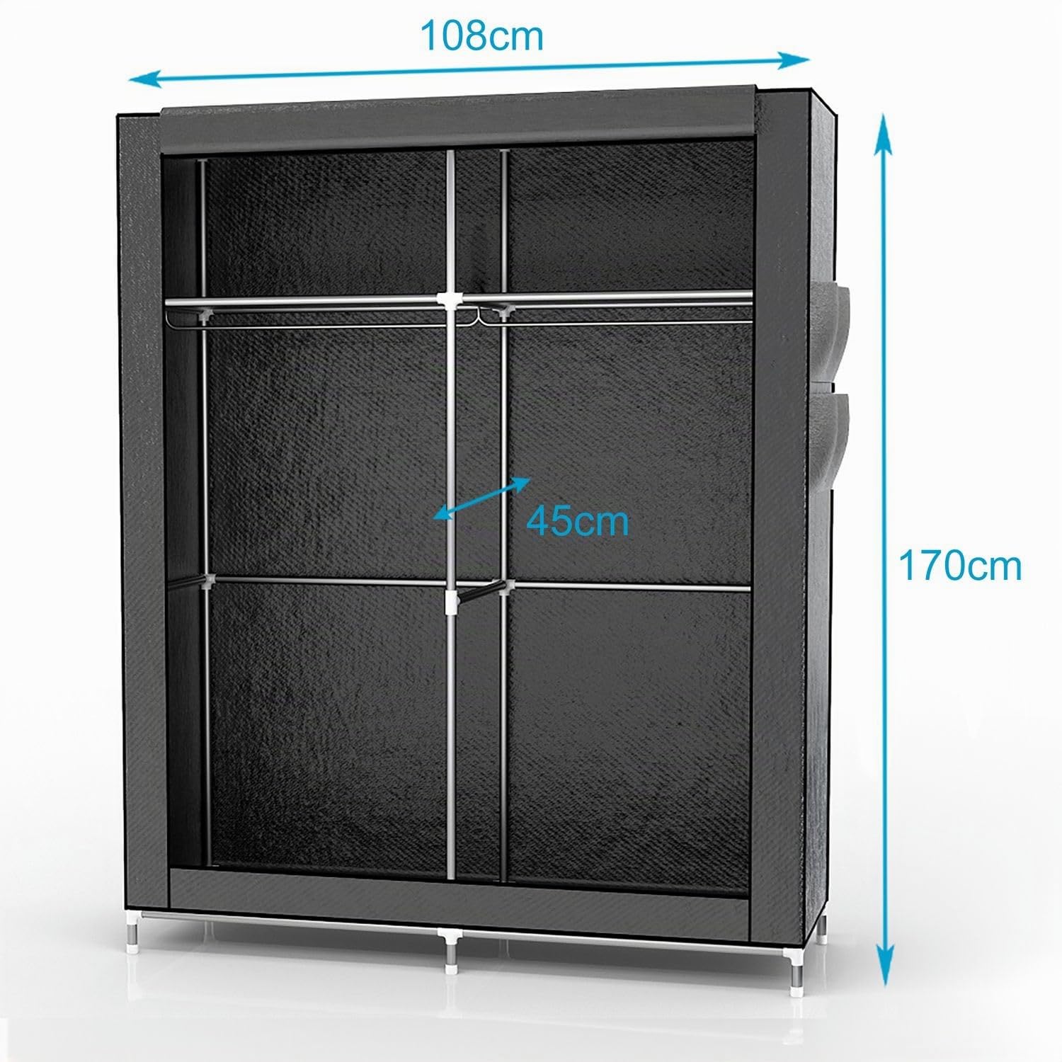 Intirilife Armoire Pliante 108x170x45 cm en Gris Cash - Armoire en Tissu avec Fermeture éclair avec Tringle à vêtements, Poche latérale et Compartiments - Étagère enfichable, Cadre métallique