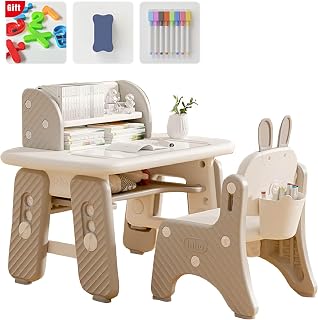 Kids Functional Desk and Chair Set with Storage Space,Adjustable Height, Ergonomic,Easy to Wipe Graffiti Table and Chairs for Children Reading,Drawing,Eating,Studying,Parent-Child Interaction