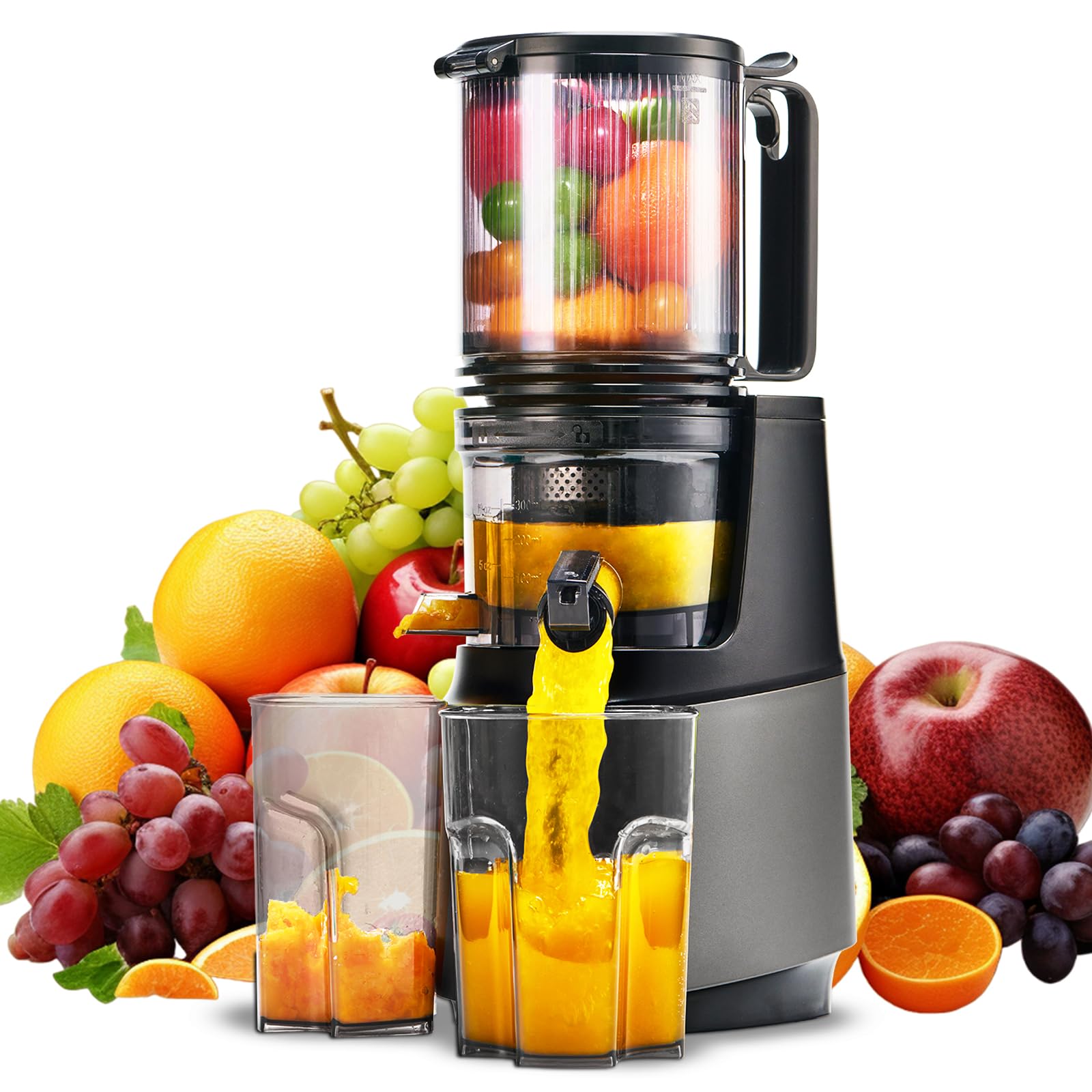 MAISON HUIS Estrattore Frutta e Verdura, Slow Juicer con 13,5cm Extra Grande Contenitore per Frutta e Verdura Intera, Facile da Pulire,Grigio