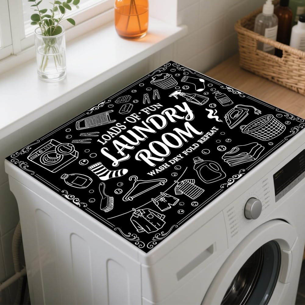 GLOBLELAND Black Funny Laundry Room Washer Dryer Dust Cover Mat 23.6x19.7inch Laundry-themed Elements Washing Machine Top Protector Pads Minimalist Non Slip Washing Dust Top Covers for Laundry Rooms