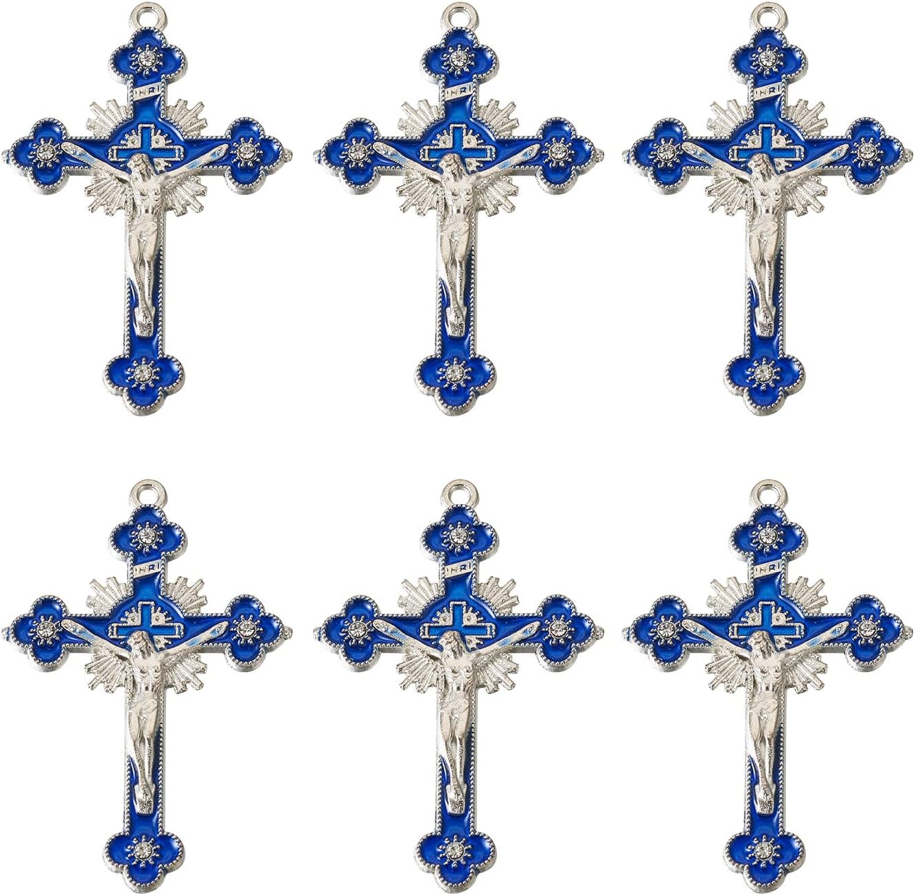 FASHEWELRY 10Ps Alloy Cross Enamel Charms Crucifix Cross Pendant Blue Enamel Jesus Pendants for Rosary Necklace Jewelry Making Accessory